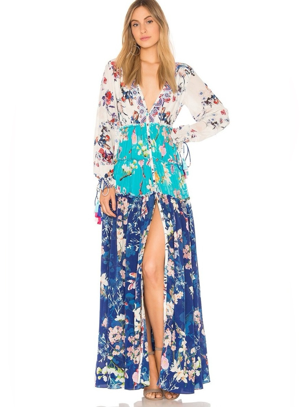Rococo sand Bella silk beaded tassel floral maxi dress blue XS NWT